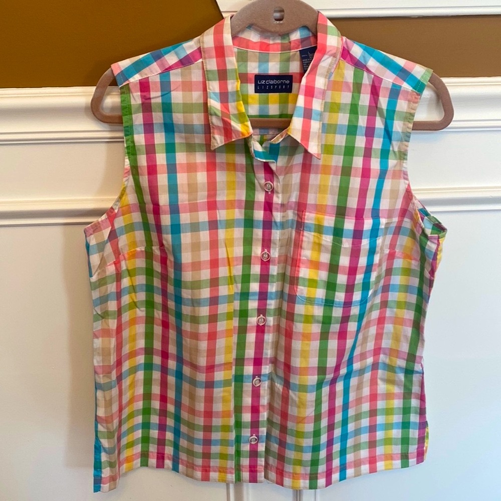 Liz Claiborne LIZSPORT Button Down Pink Plaid Sleeveless Top - Sz L